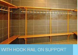Wall bench with hook rail on support